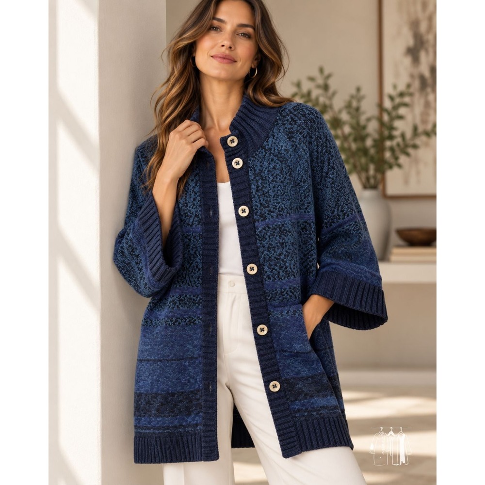 Peruvian Connection Cardigan Coat Womens L Blue Pima Cotton Bell Sleeve